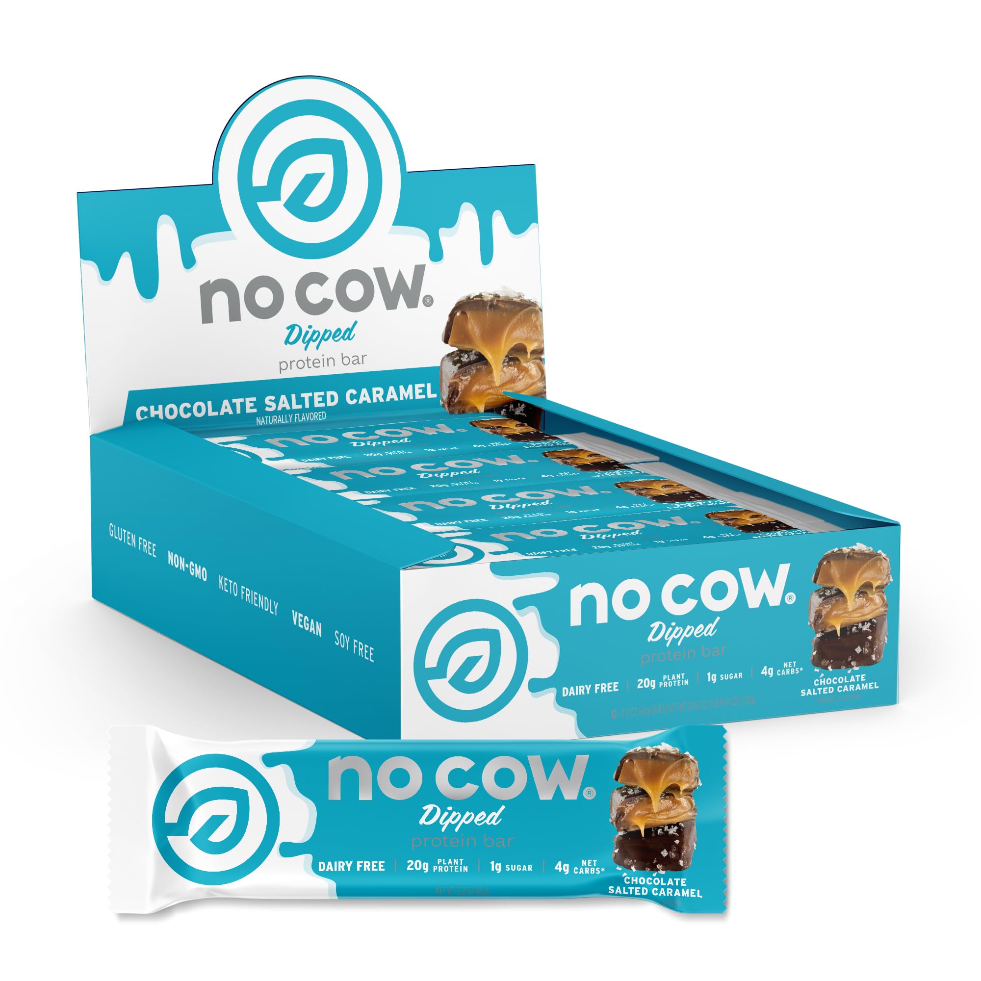 No Cow High Protein Bars package front shows a keto friendly dairy free snack