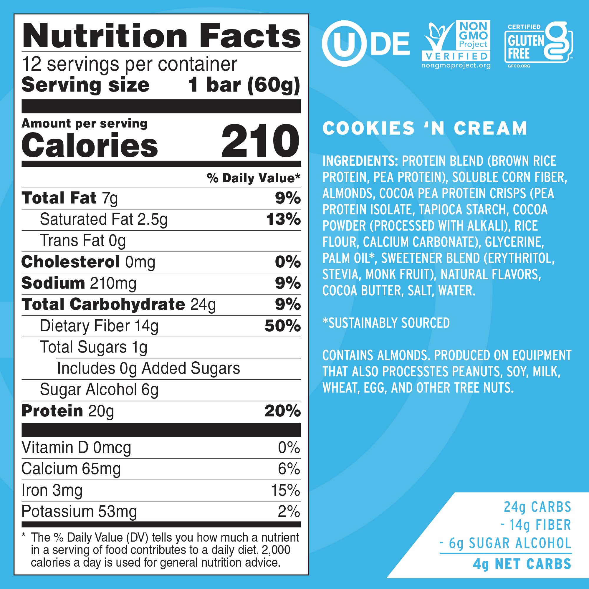 No Cow Upgraded Cookies N Cream bar close-up with crunchy cookie pieces and creamy center