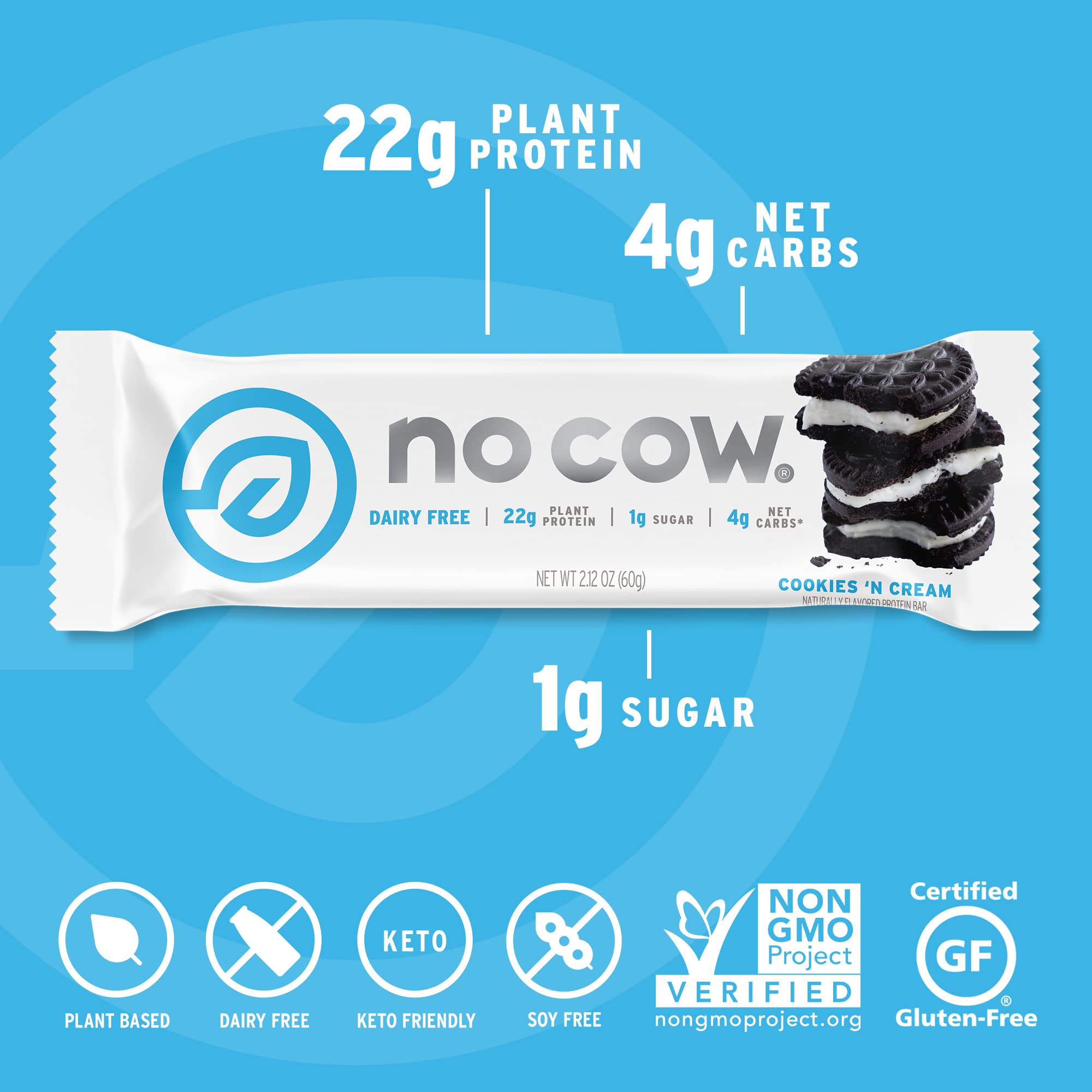 No Cow vegan bar ingredients layout highlighting plant-based gluten-free non-GMO components