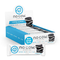 No Cow Upgraded Cookies N Cream bar pack front showing 20g plant protein and low sugar