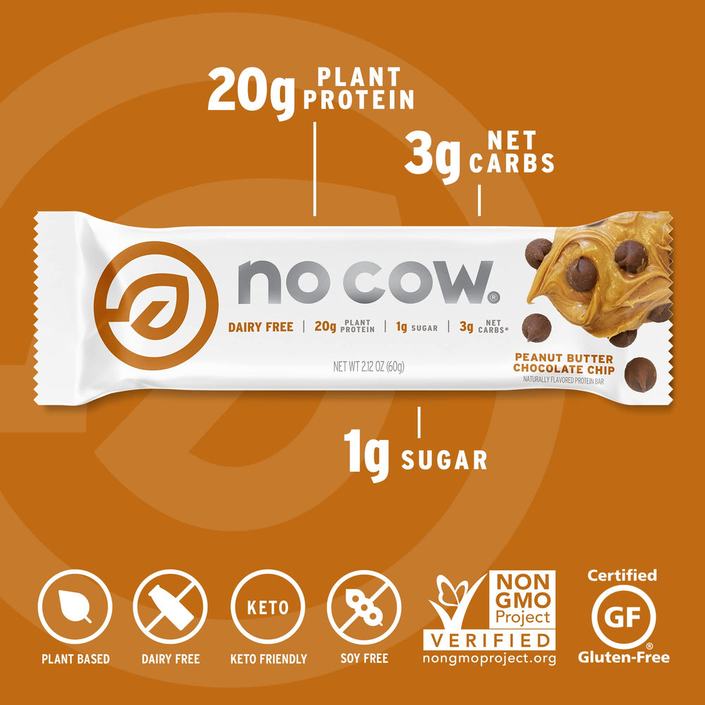 No Cow vegan protein bar ingredients closeup, highlights plant-based protein and clean ingredients.