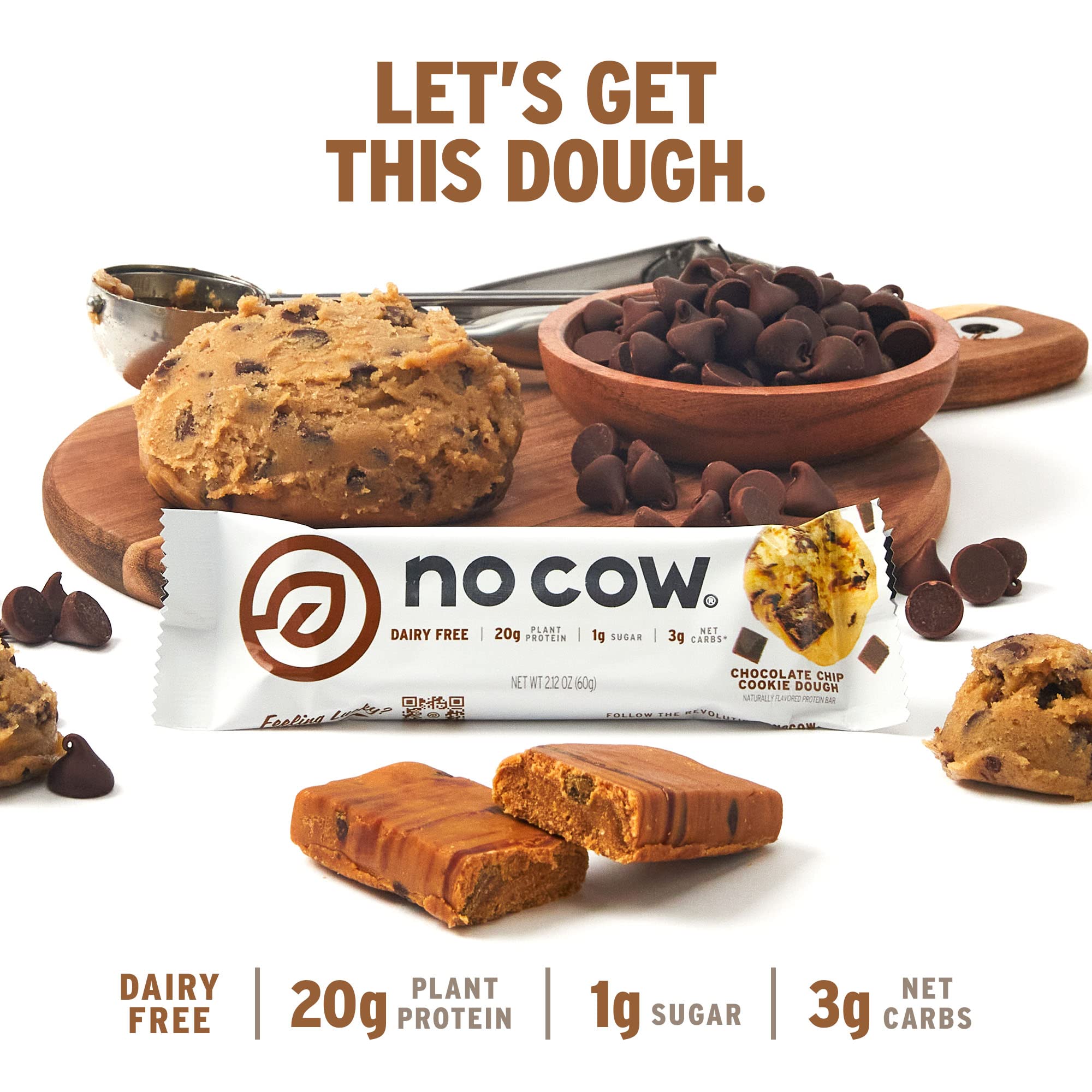 No Cow vegan protein bars gluten-free dairy-free packaging emphasizes allergen-conscious nutrition.