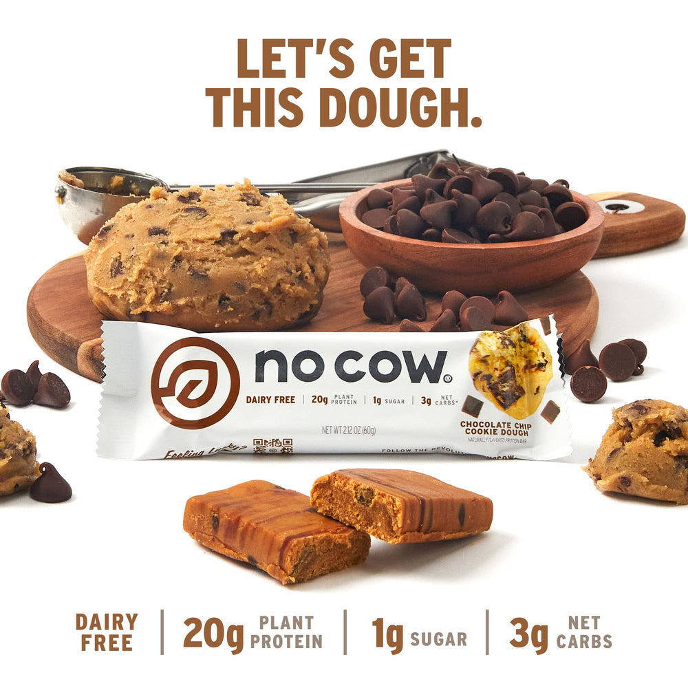 No Cow vegan protein bars gluten-free dairy-free packaging emphasizes allergen-conscious nutrition.