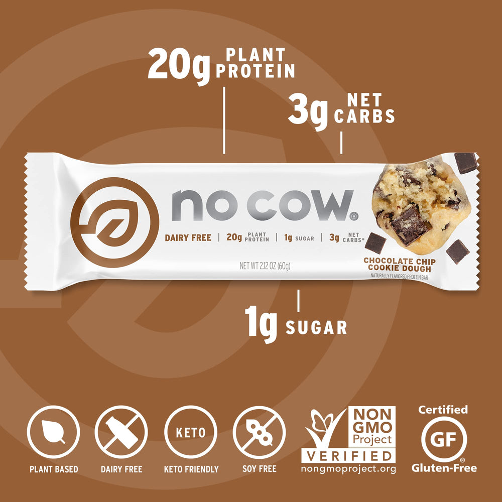 No Cow vegan protein bars ingredients closeup reveals plant-based protein and gluten-free recipe.