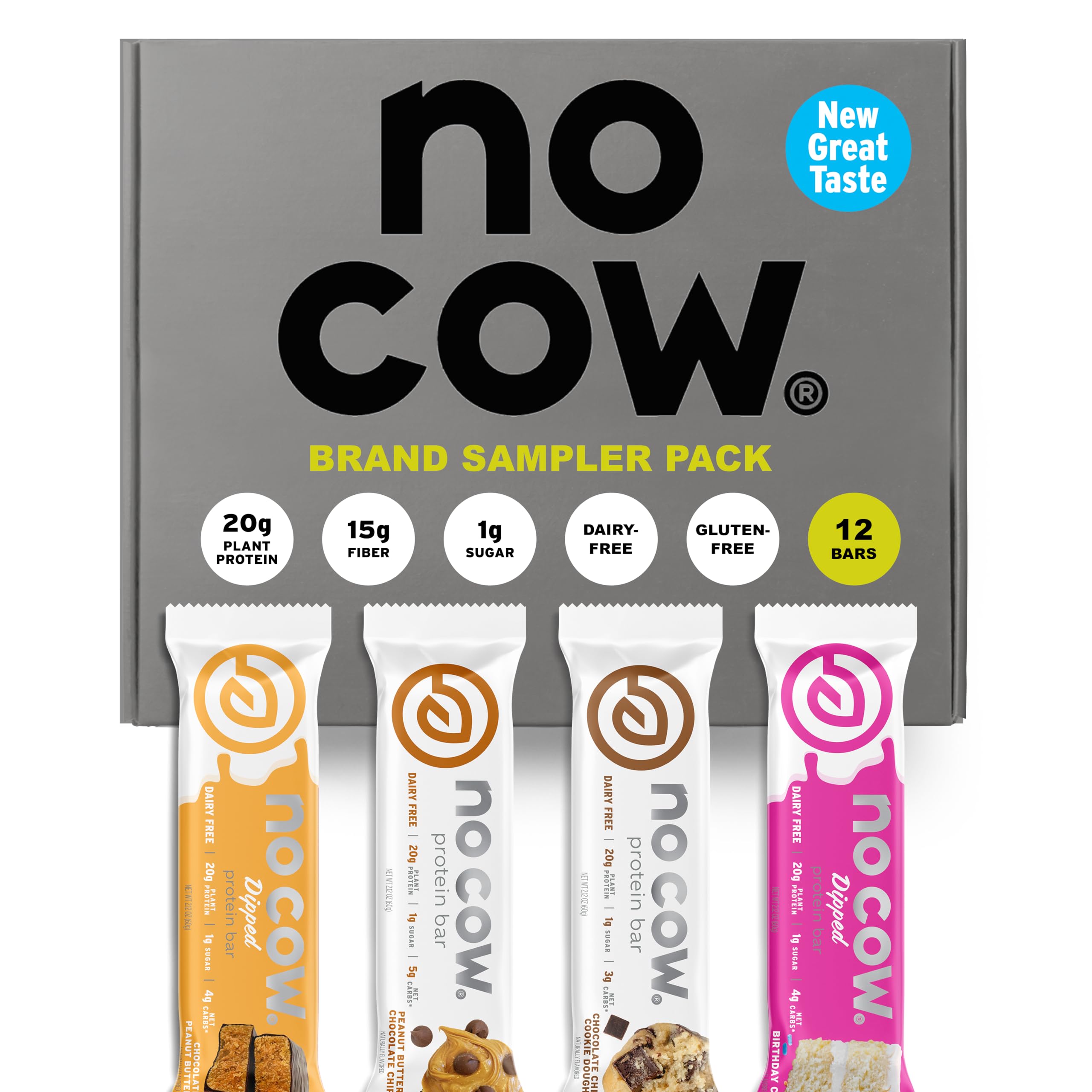 No Cow vegan protein bars pack of 12 powers workouts with 20g protein each.