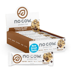 No Cow vegan protein bars upgraded chocolate chip cookie dough packshot shows 20g protein.