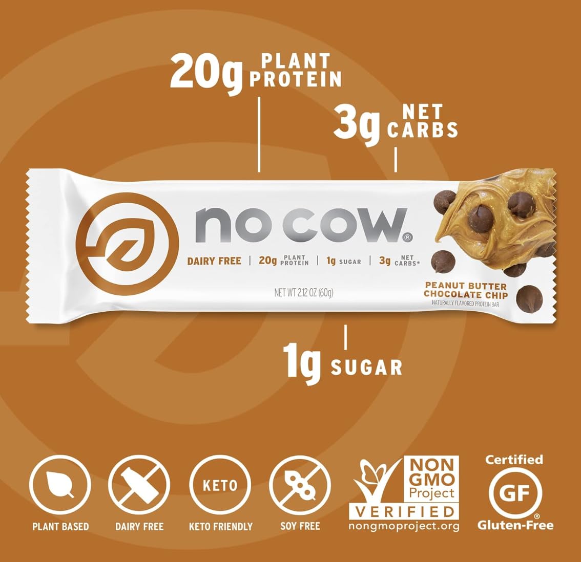 No Cow ingredients panel showing gluten-free, dairy-free labels.