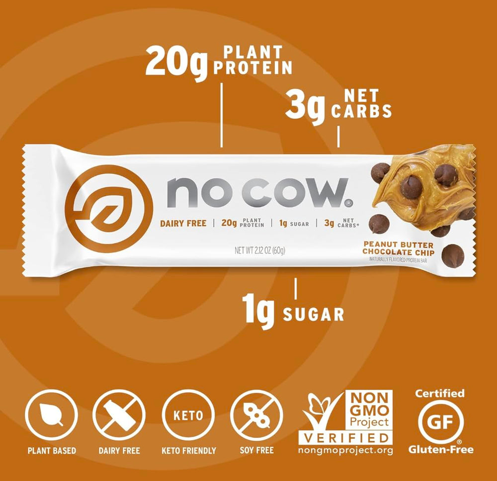 No Cow ingredients panel showing gluten-free, dairy-free labels.
