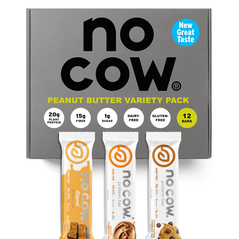 No Cow vegan protein bars box display featuring the upgraded peanut butter pack.