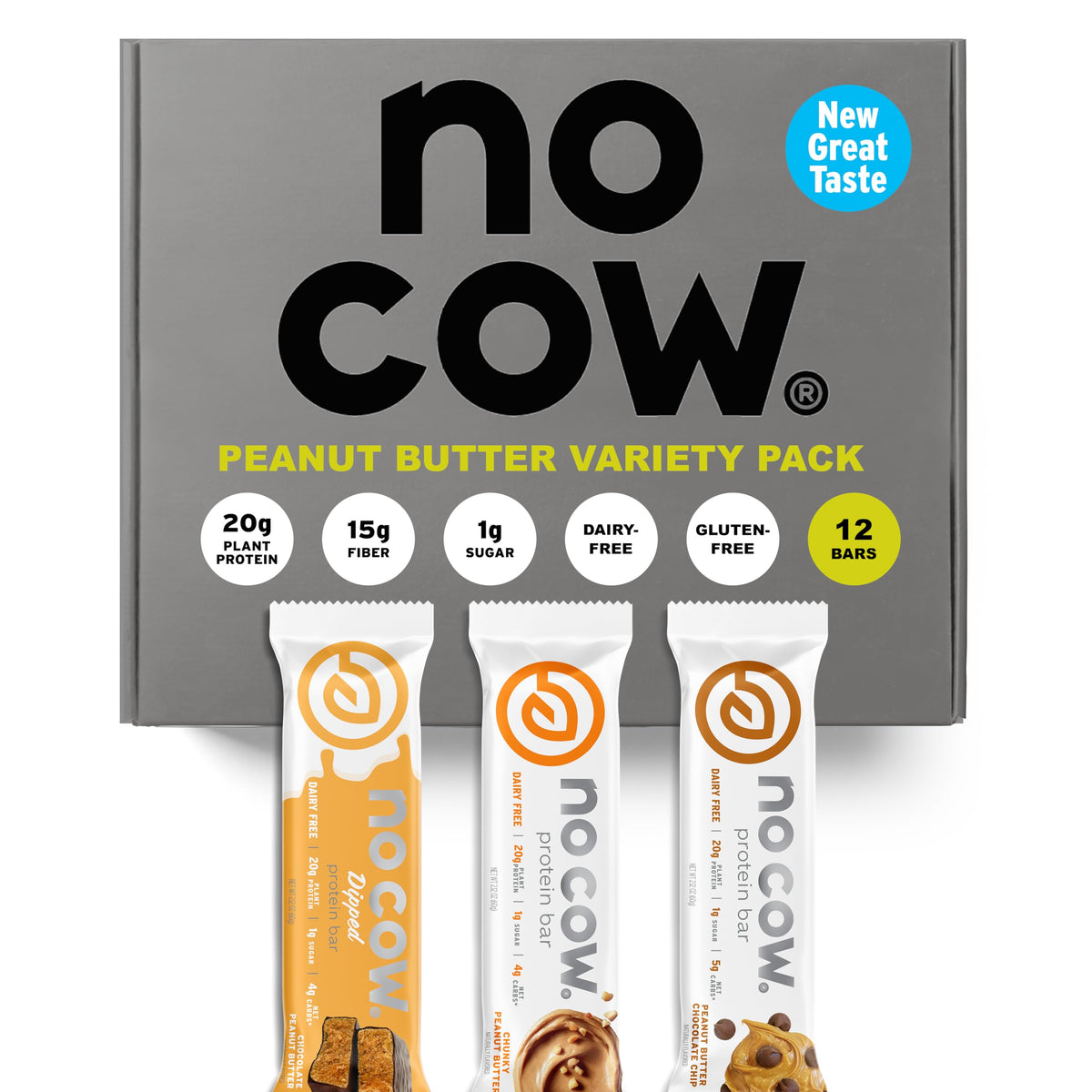No Cow vegan protein bars box display featuring the upgraded peanut butter pack.