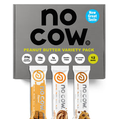 No Cow vegan protein bars box display featuring the upgraded peanut butter pack.