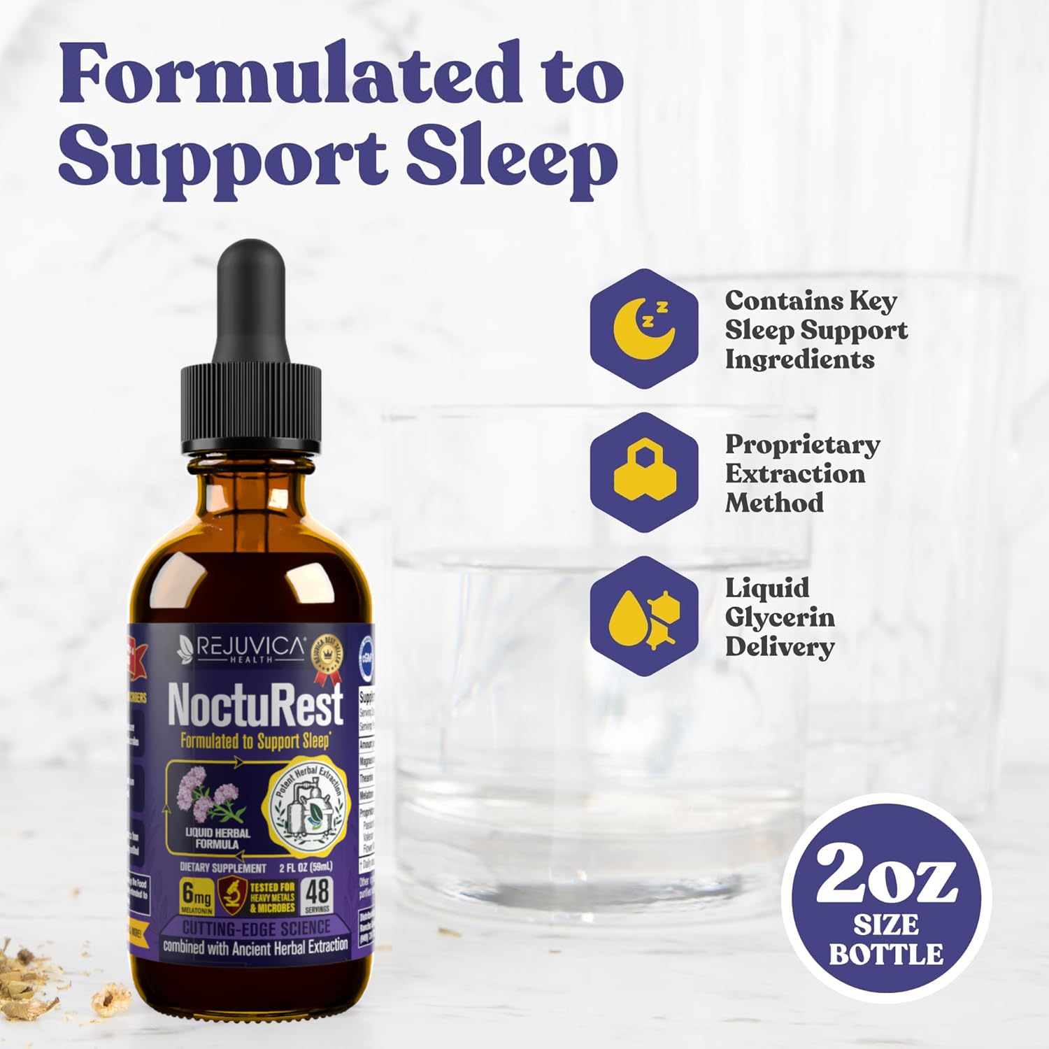 Close-up of NoctuRest liquid drops ready to be taken before bed.