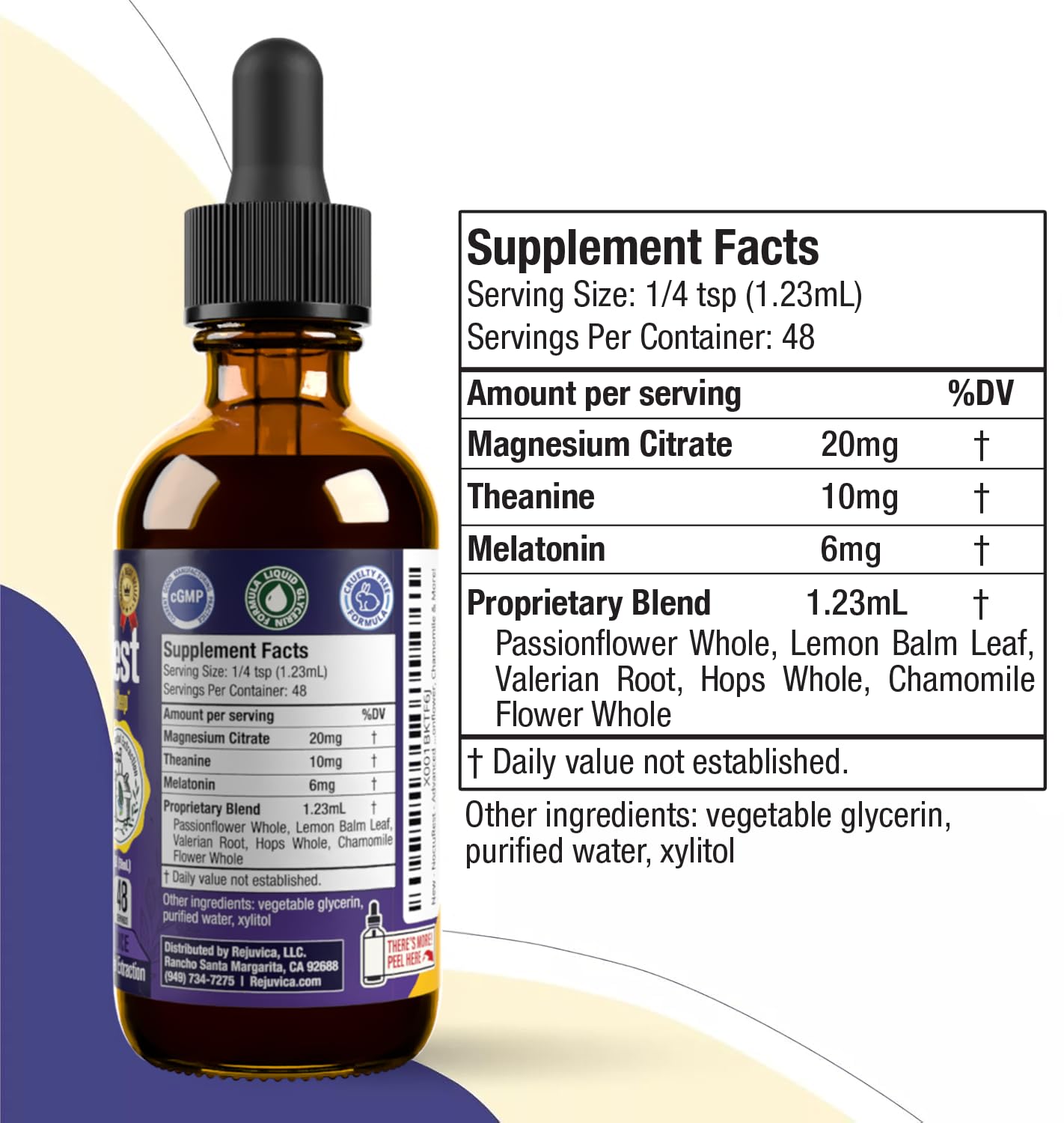 NoctuRest liquid formula beside a glass, tasting pleasant.