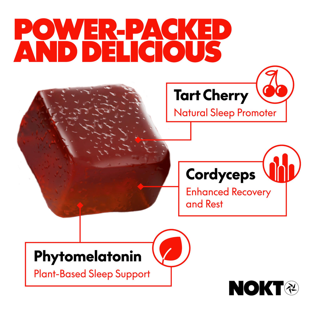 Closeup of NOKT gummies jar showing vegan gluten-free formula for restful nights