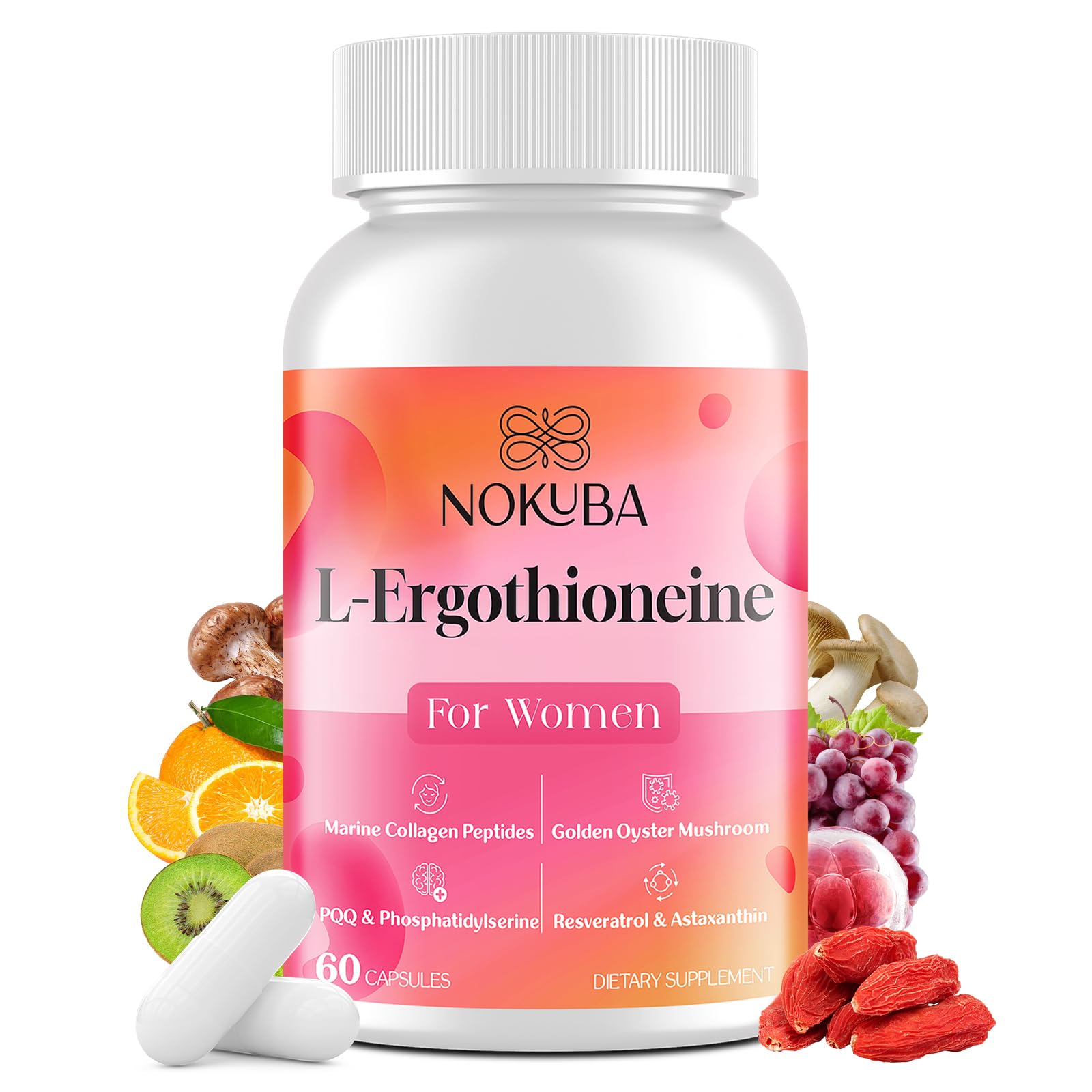 Nokuba L-Ergothioneine collagen bottle showing daily antioxidant support for skin and immunity.