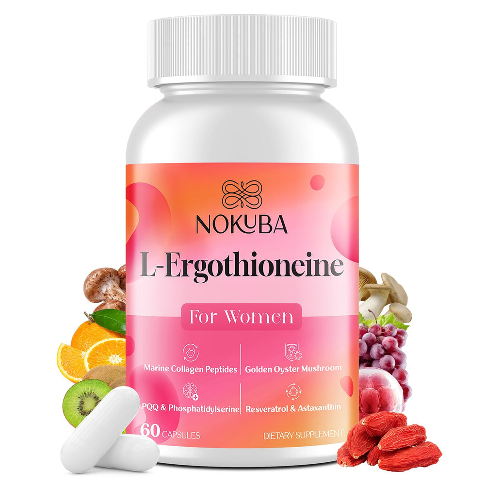 Nokuba L-Ergothioneine collagen bottle showing daily antioxidant support for skin and immunity.