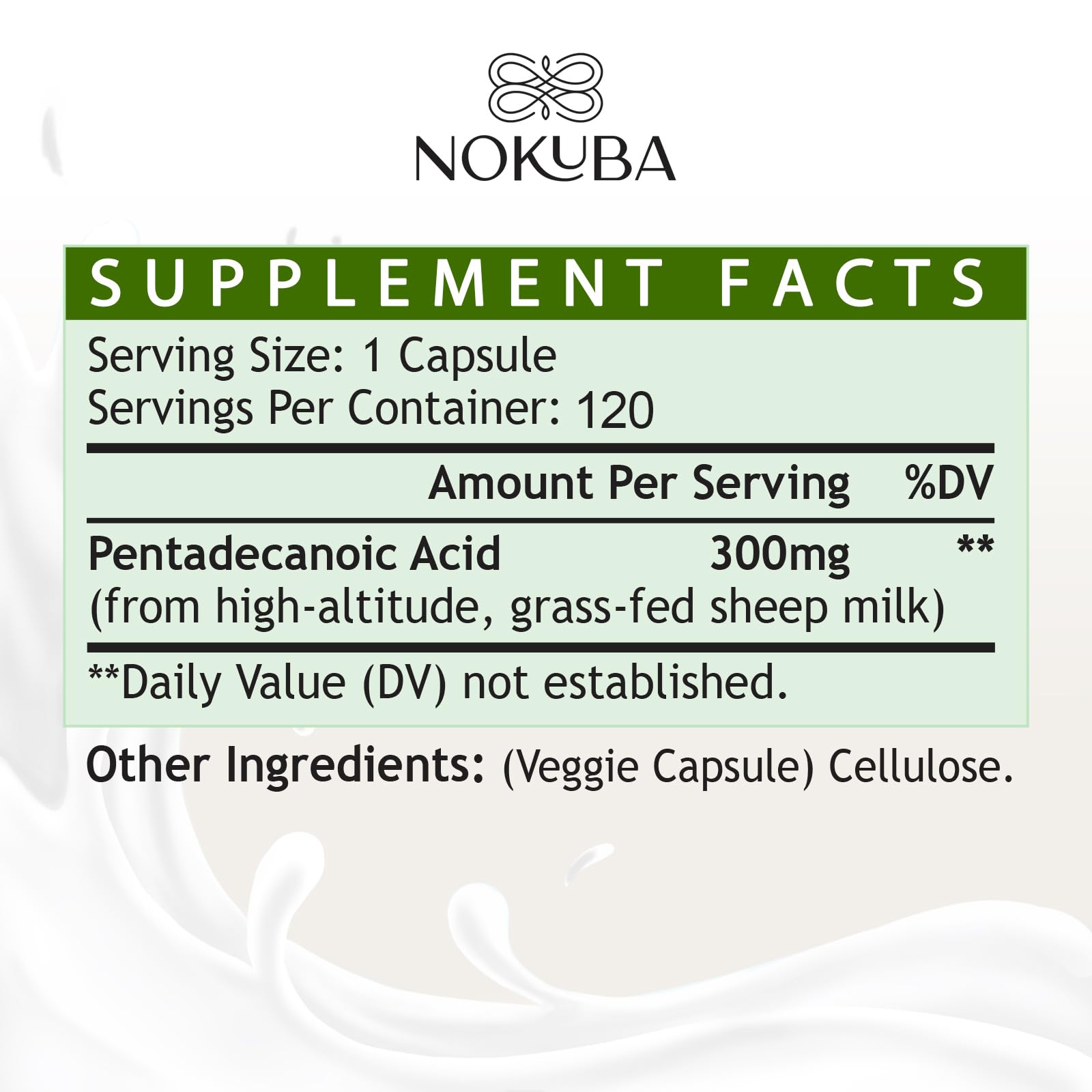 Nokuba pentadecanoic acid bottle label highlights dosage and purity.