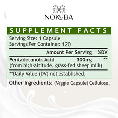 Nokuba pentadecanoic acid bottle label highlights dosage and purity.