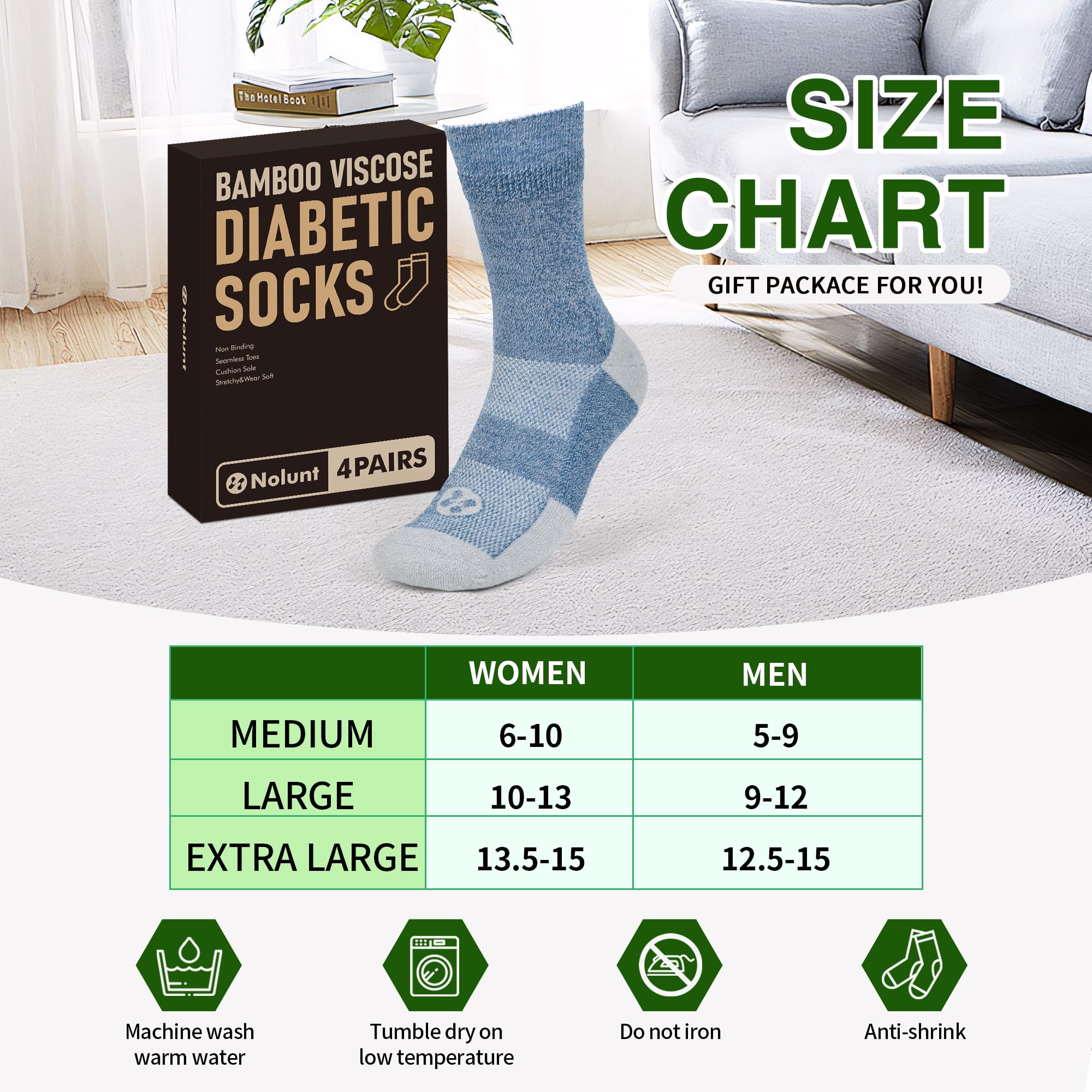 NOLUNT black diabetic crew socks with thick sole for cushioning
