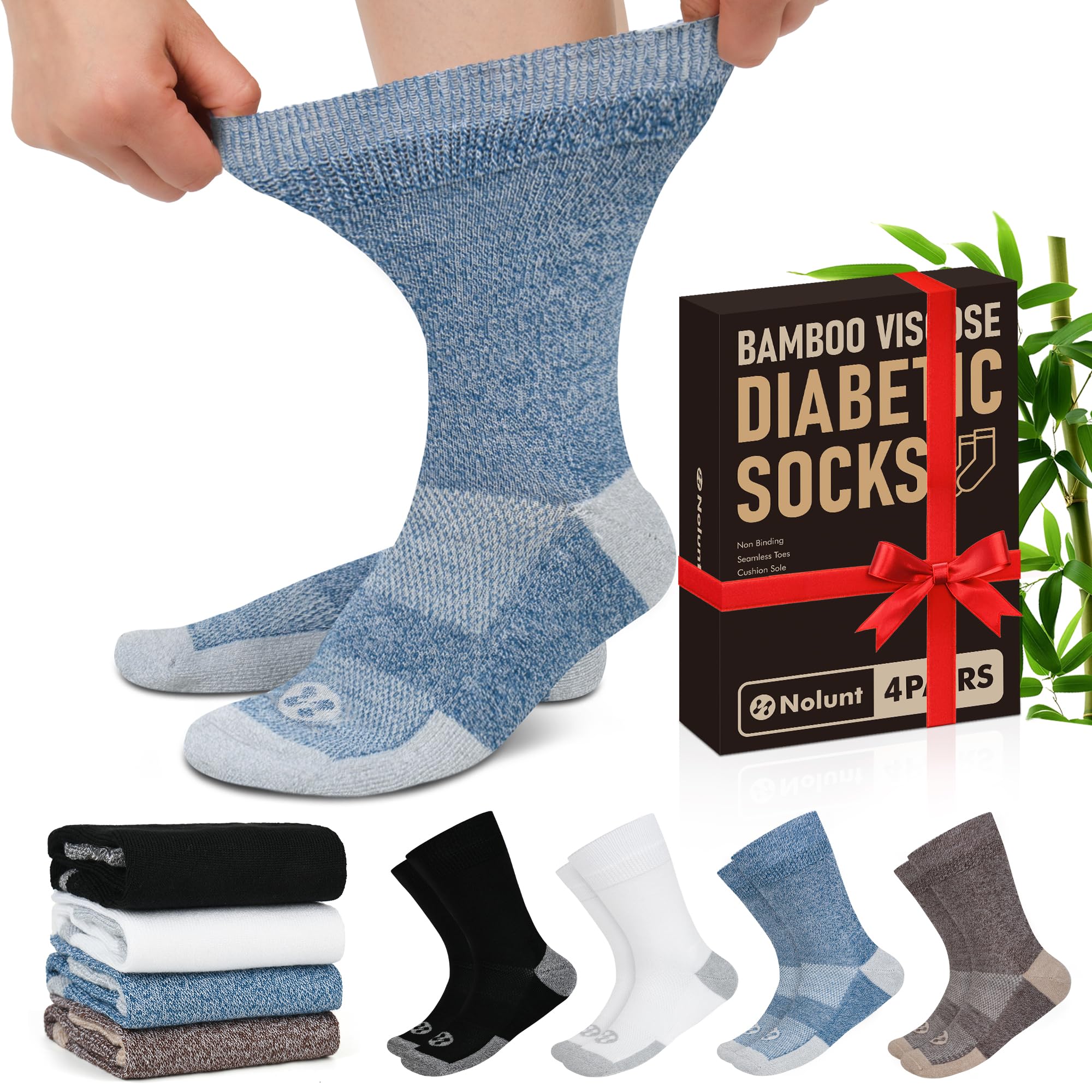 NOLUNT men's diabetic crew socks in dark blue with moisture-wicking comfort