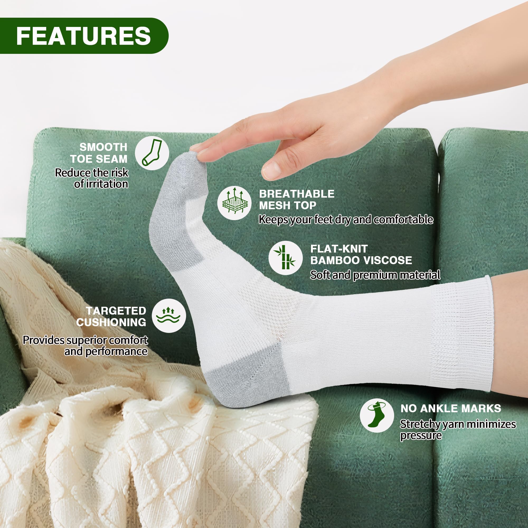 NOLUNT men's diabetic crew socks in white for breathable all-day wear