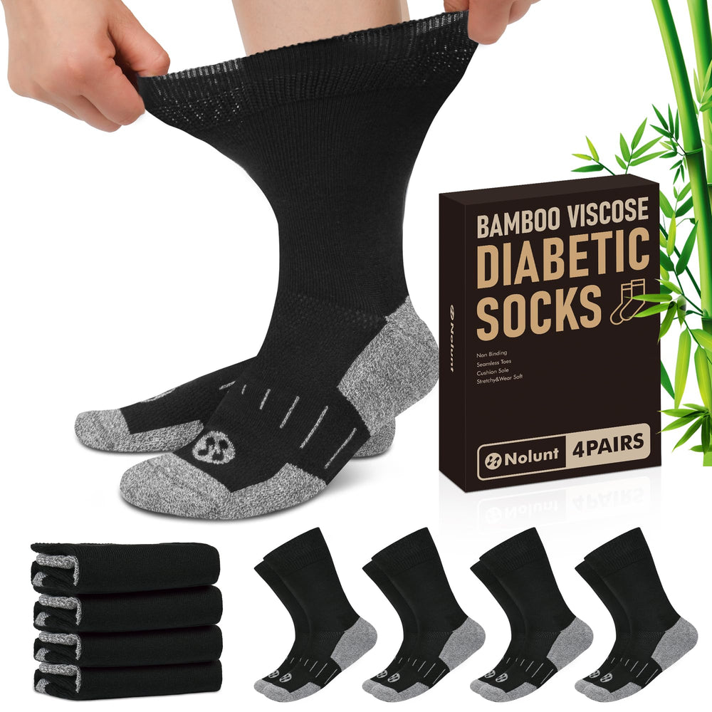 NOLUNT diabetic socks for men, pack of four, black large, comfortable non-binding fit.