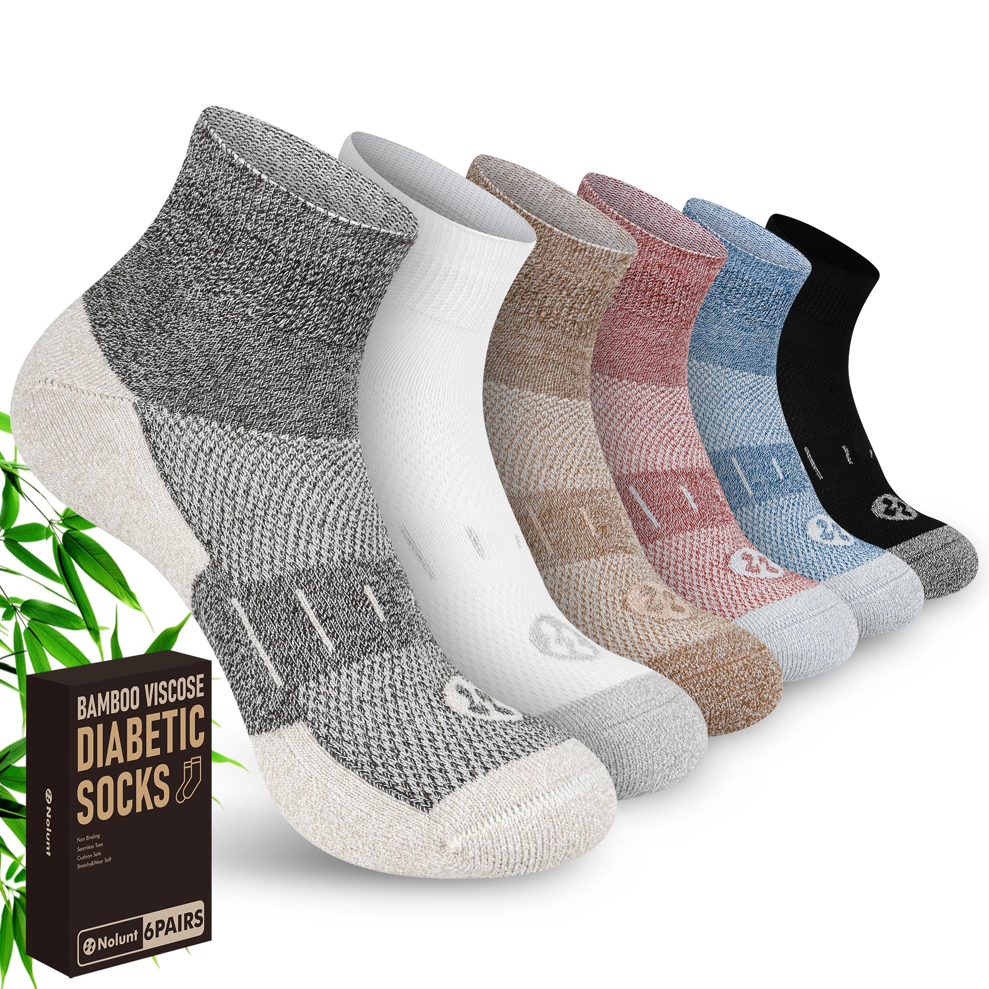 Nolunt diabetic socks for men in ankle pack, six colors, versatile for daily wear.