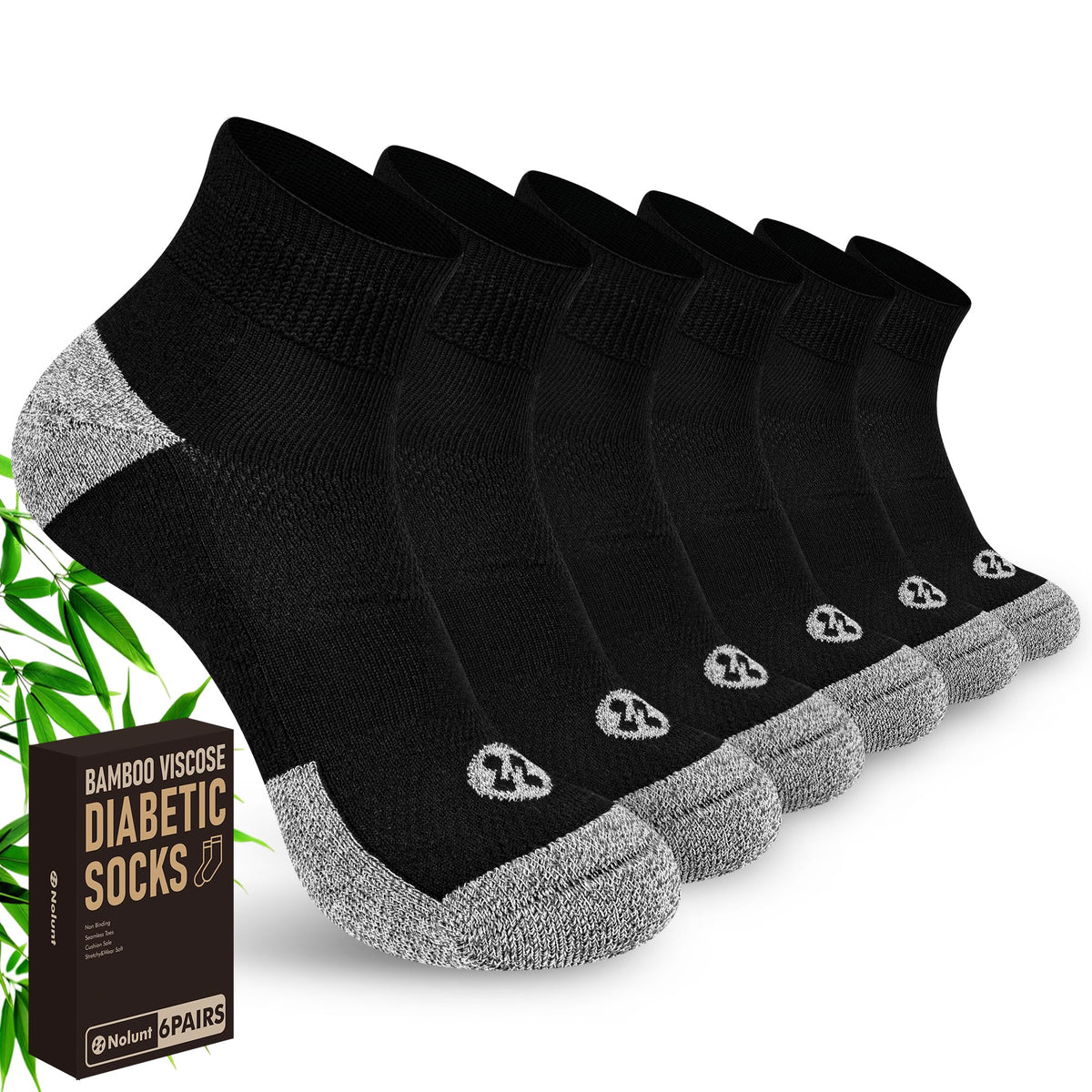 NOLUNT diabetic socks for men in black ankle style, moisture-wicking daily comfort.