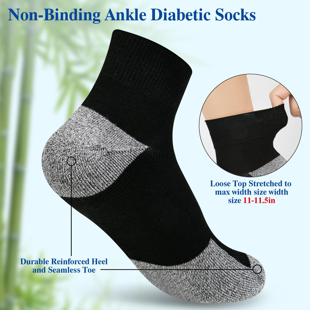 NOLUNT men's diabetic socks, black ankle view, seamless toe reduces friction.