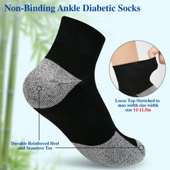 NOLUNT men's diabetic socks, black ankle view, seamless toe reduces friction.