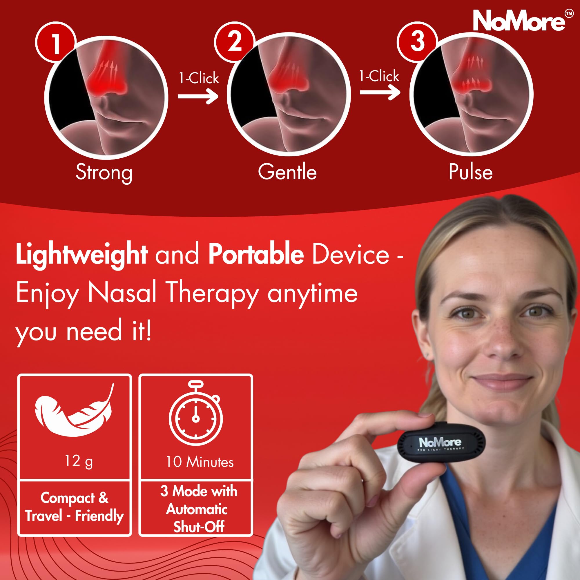 NoMore Original nose device 660nm red-light diodes for targeted nasal support.