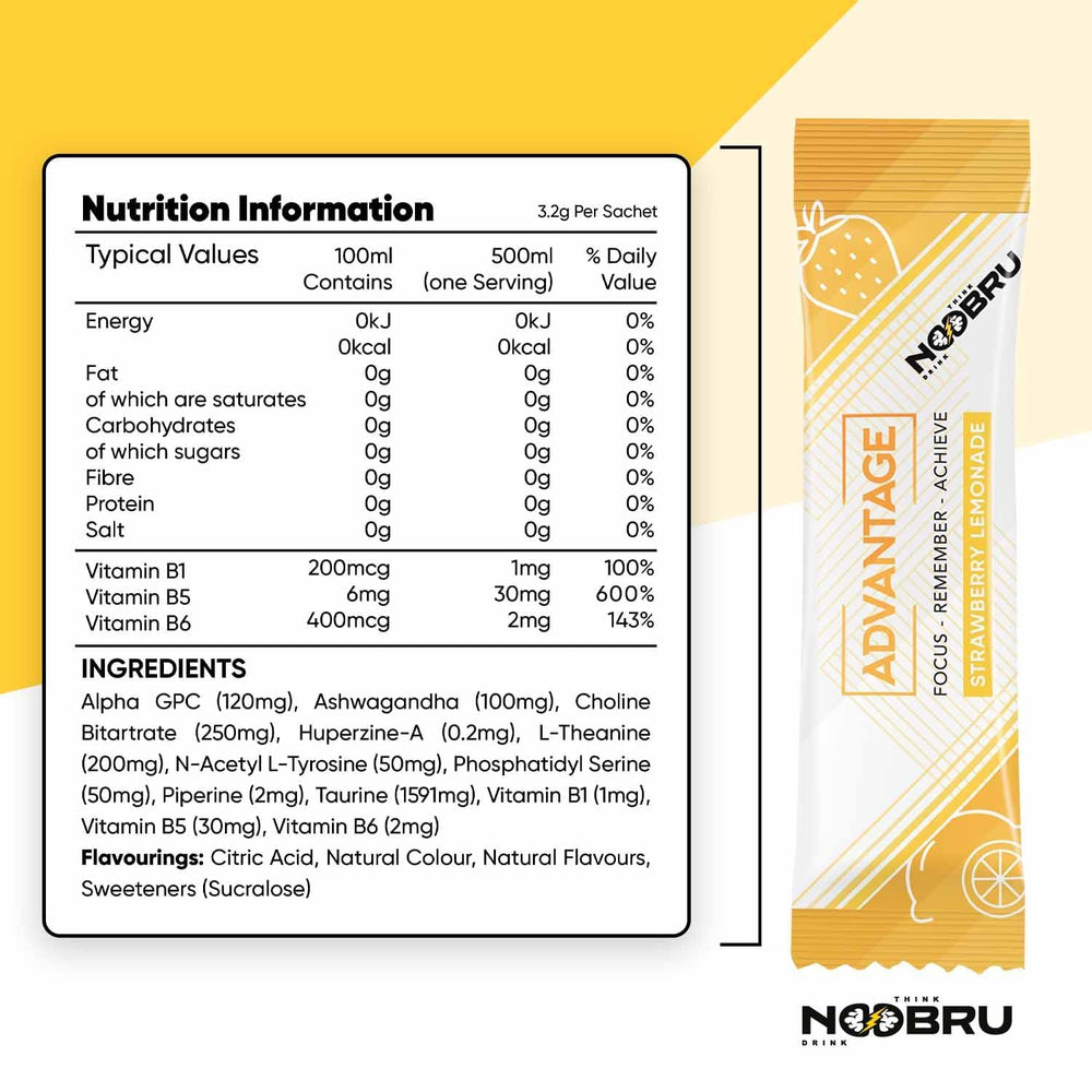 Close-up of Noobru Advantage sachet being poured, highlighting convenient on-the-go format