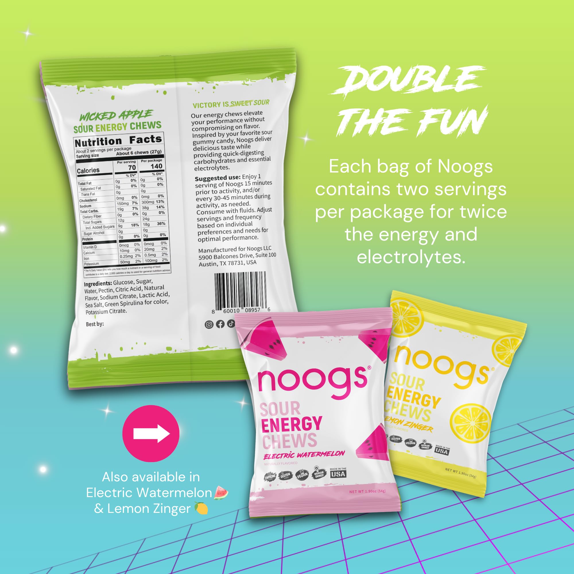 Etiqueta Noogs indica vegano y libre de gluten, ingredientes naturales.