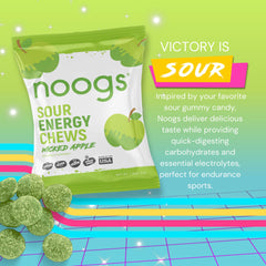 Close-up of serving pack showing vegan, gluten-free chews and electrolytes