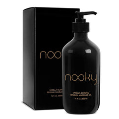 Nooky Vanilla Massage Oil bottle promotes a hydrating, non-greasy skin feel