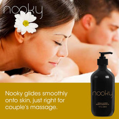 Nooky Vanilla Massage Oil pour demonstrates easy application and quick absorption