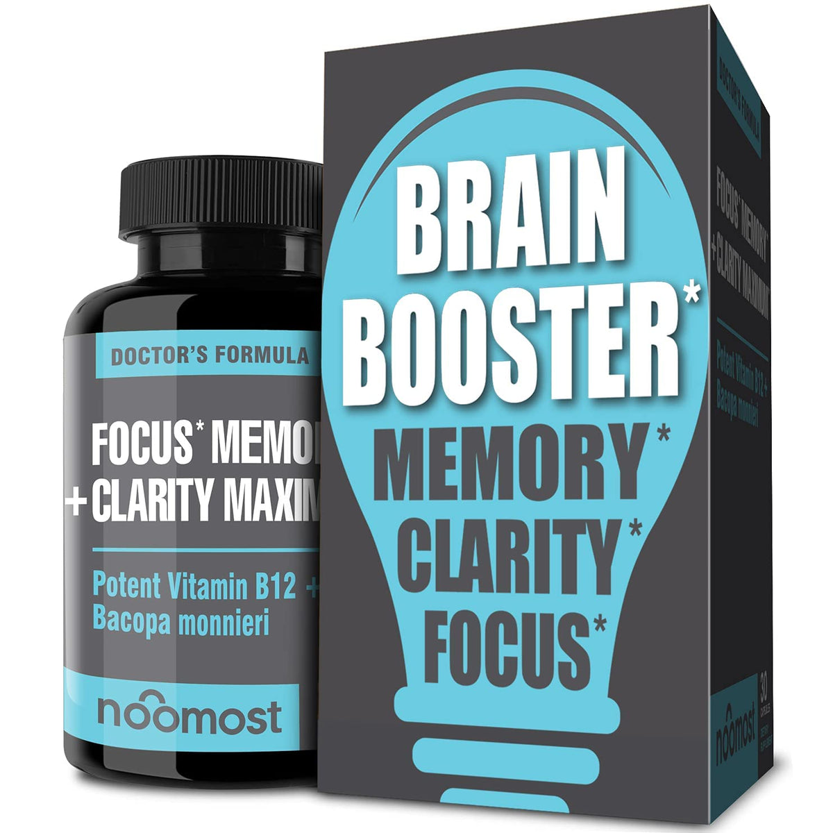 NooMost brain supplement bottle for focused thinking.