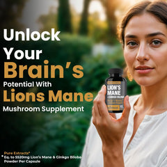Closeup of NooMost Lions Mane capsules promoting focus.
