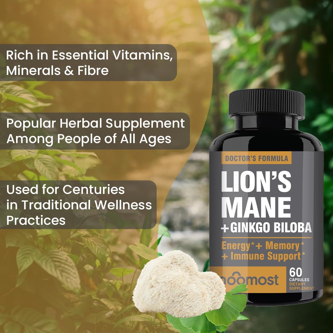 Ginkgo Biloba capsules with NooMost Lions Mane for balanced energy.