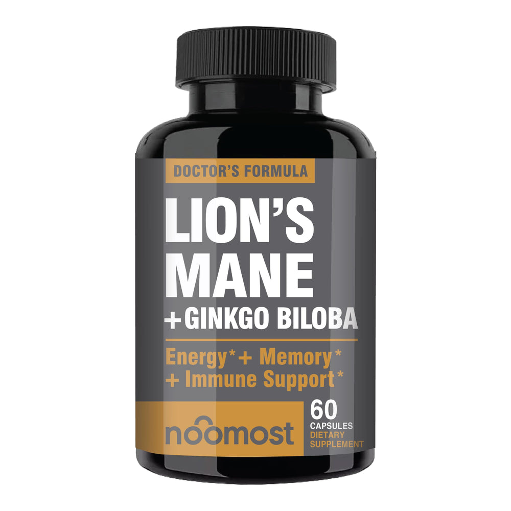Organic ingredients highlighted on NooMost Lions Mane packaging.