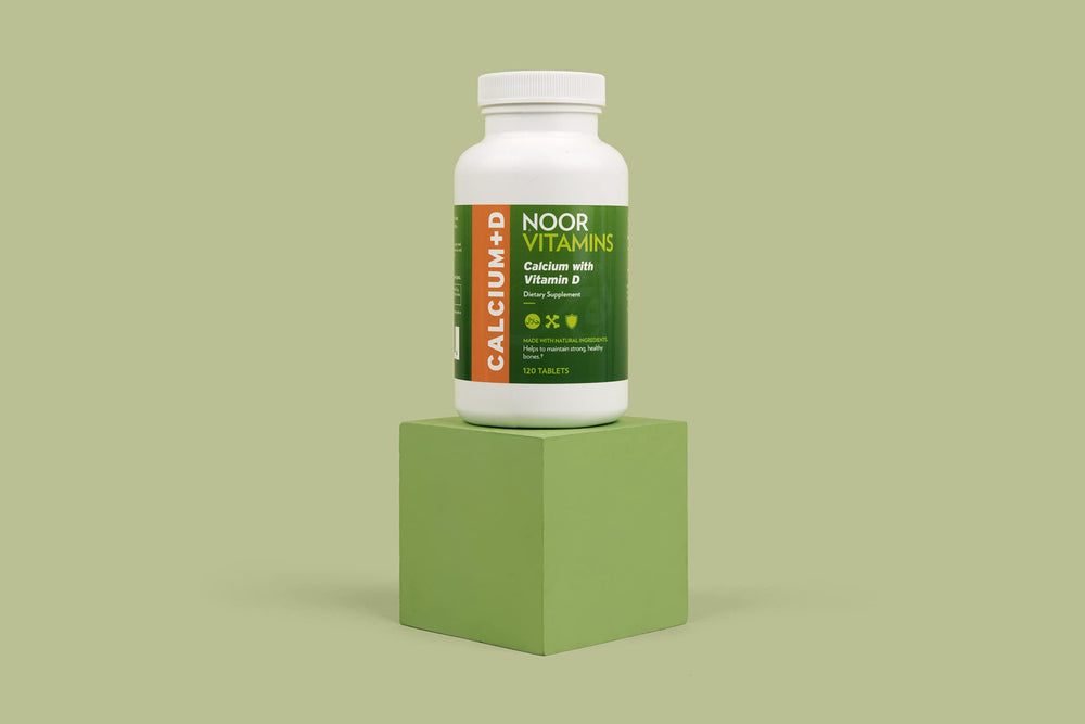 Noor Vitamins calcium D2 label closeup highlighting vitamin content