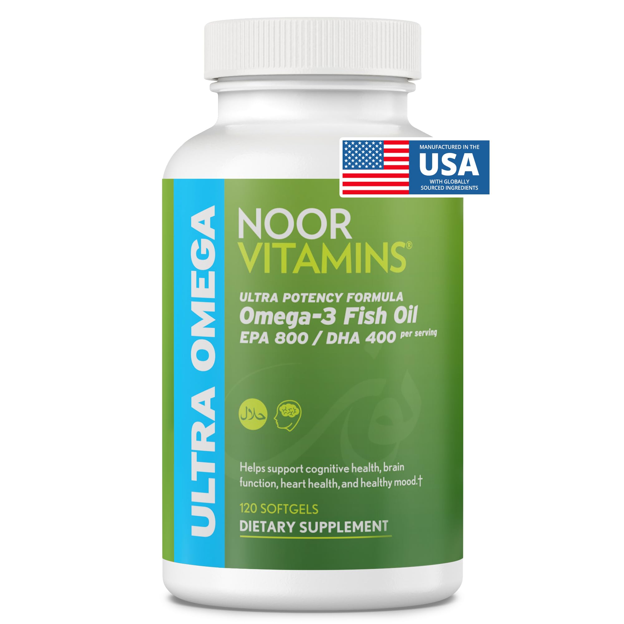 Noor Vitamins Halal Fish Oil bottle on shelf showcases halal certification and purity.