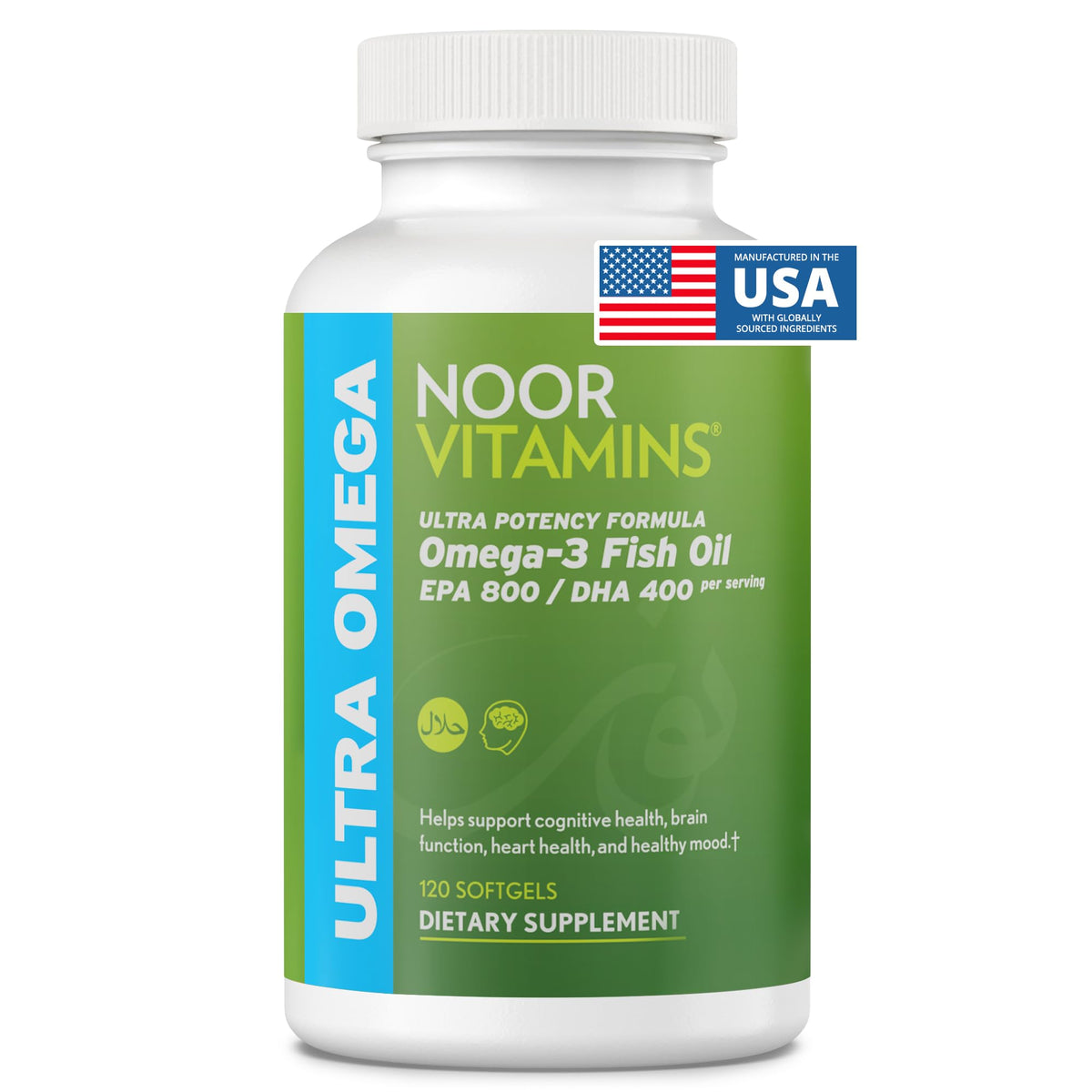 Noor Vitamins Halal Fish Oil bottle on shelf showcases halal certification and purity.