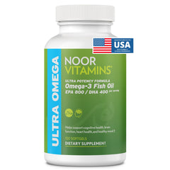 Noor Vitamins Halal Fish Oil bottle on shelf showcases halal certification and purity.