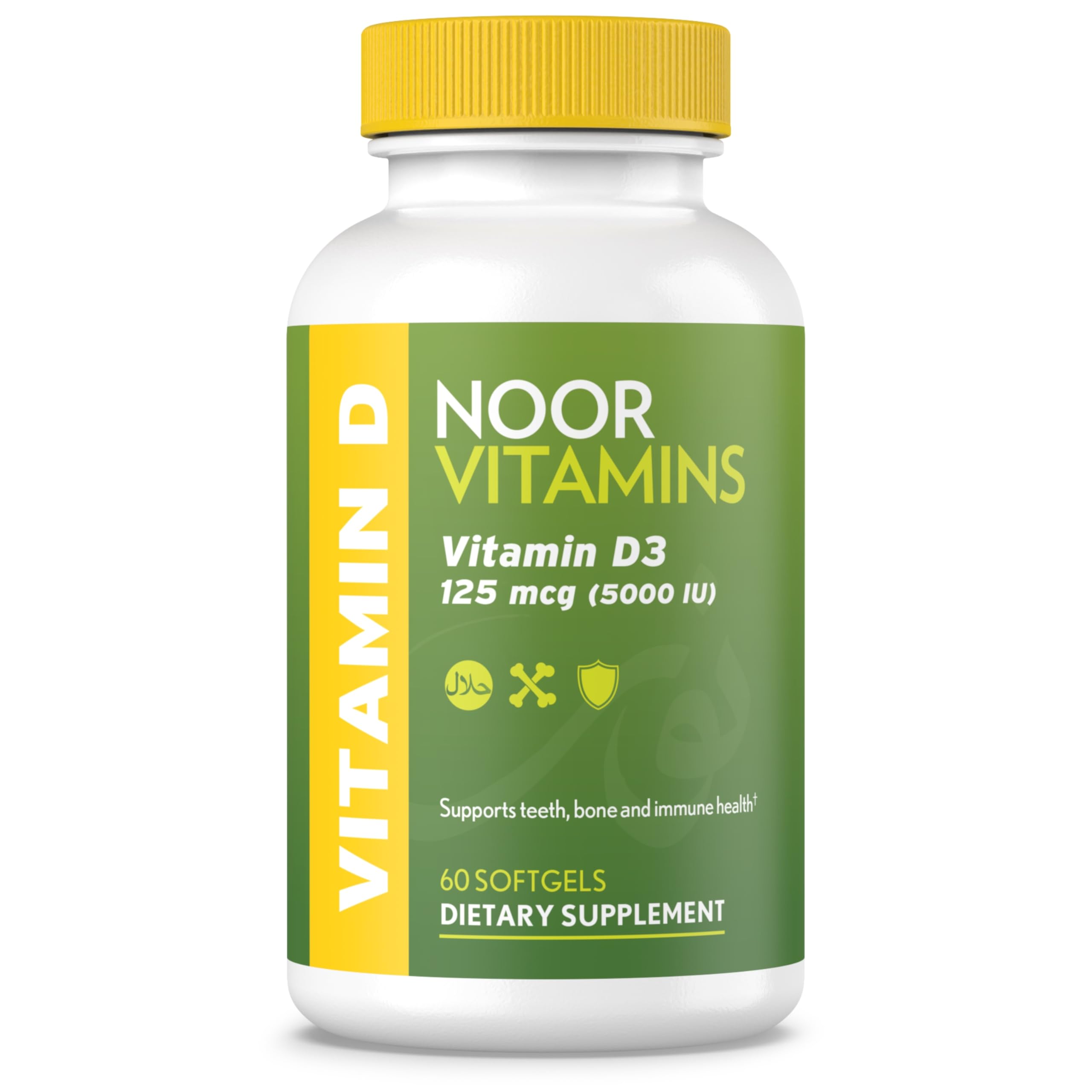 Noor Vitamins Halal Vitamin D bottle: easy-to-swallow softgels for daily bone support
