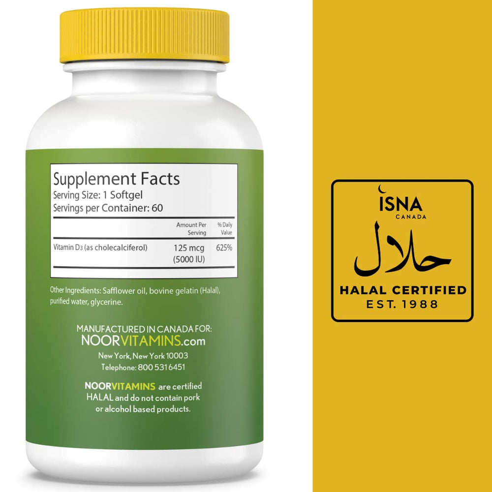 Noor Vitamins Halal Vitamin D label: clear halal-certified ingredients and dosage information