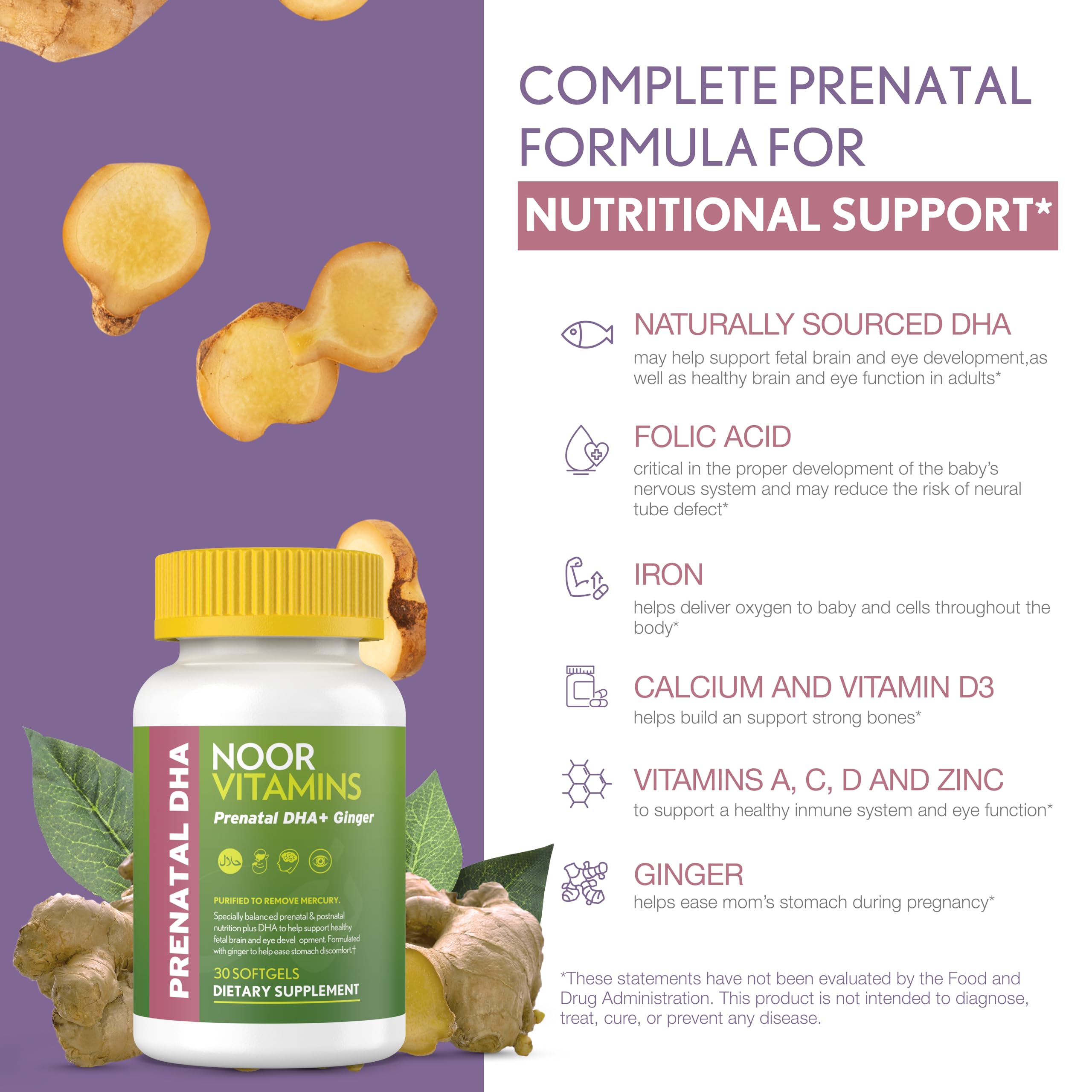Noor Vitamins Prenatal bottle Front view shows label and nutrients