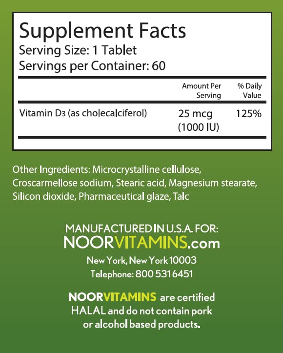 Noor Vitamins vitamin D3 tablets ready for easy daily or weekly dosing.
