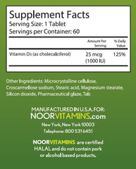 Noor Vitamins vitamin D3 tablets ready for easy daily or weekly dosing.