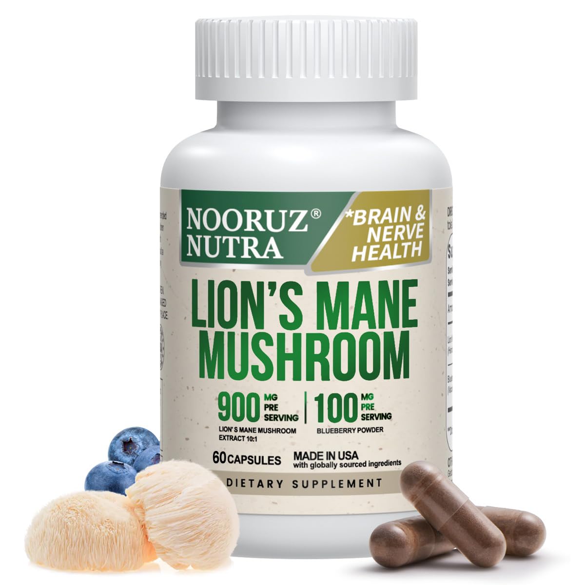 NOORUZ Lions Mane fruiting body image highlights cognitive support potential.